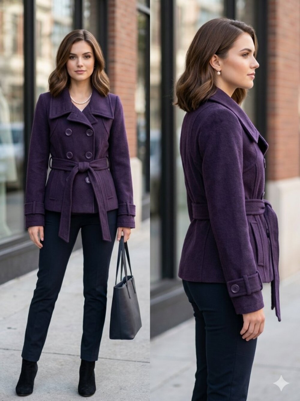 Ashley Purple Pea Coat with Belt - Size Medium Fits Small NWOT